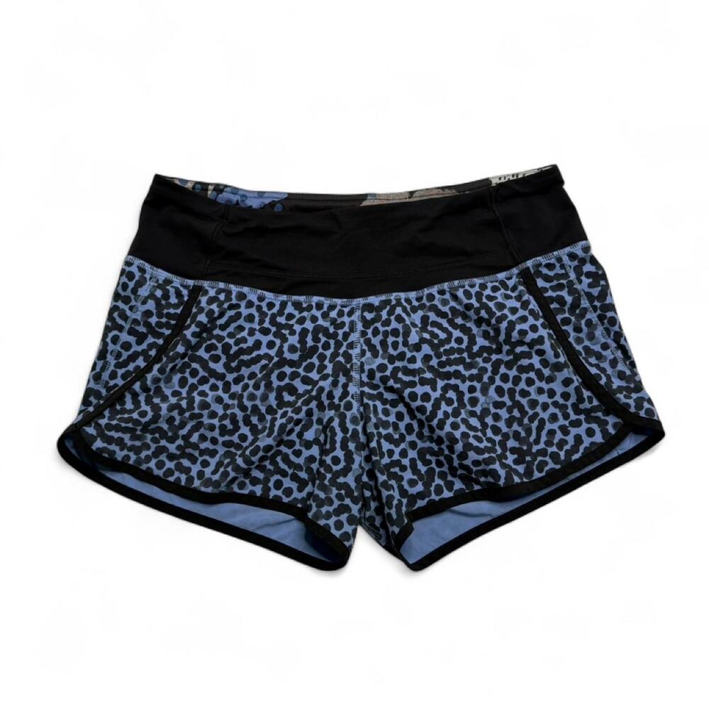 Vintage Lululemon Leopard Print Blue Low Waisted Speed Up Shorts size 6 Ace Spot